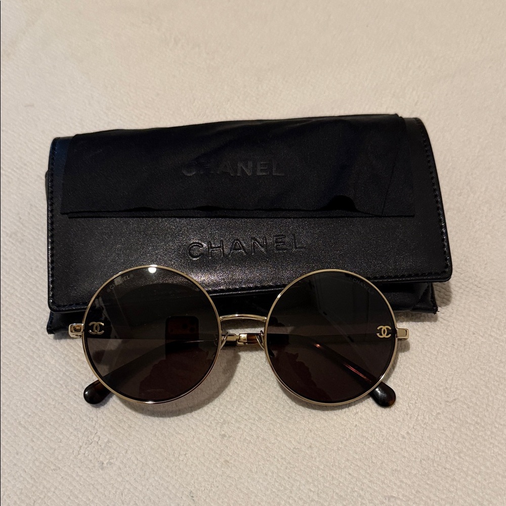 CHANEL Gold Round Sunglasses with Black Lenses